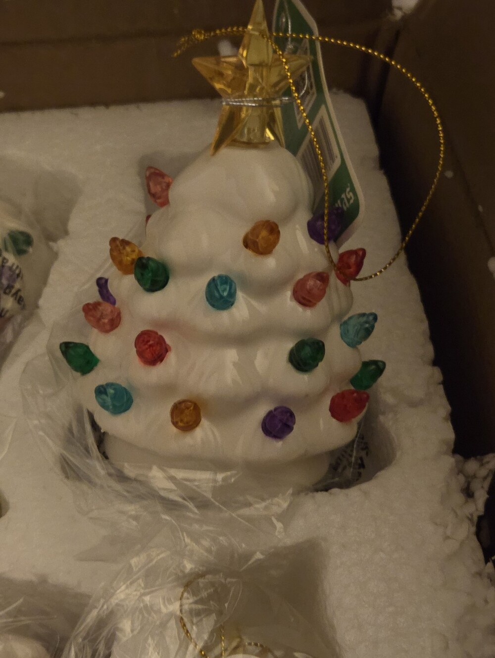 Mr Christmas Ceramic Tree Mini 5 inch White Multi Lights Ornament Timer Gift Bag